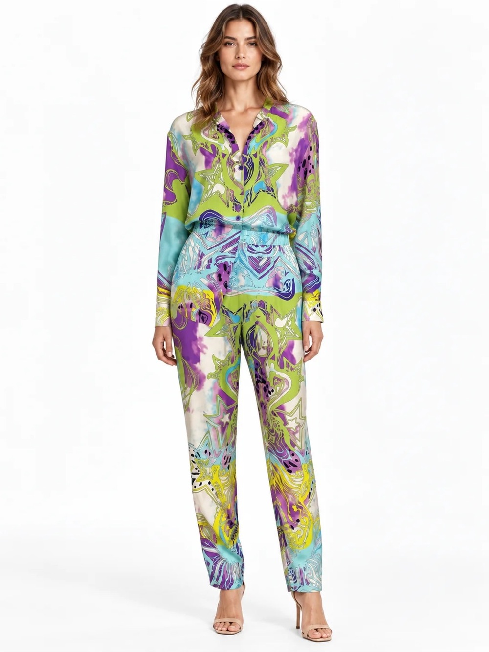 Emilio Pucci Teal Multicolor Silk Pant & Shirt Set Size 44 US 12